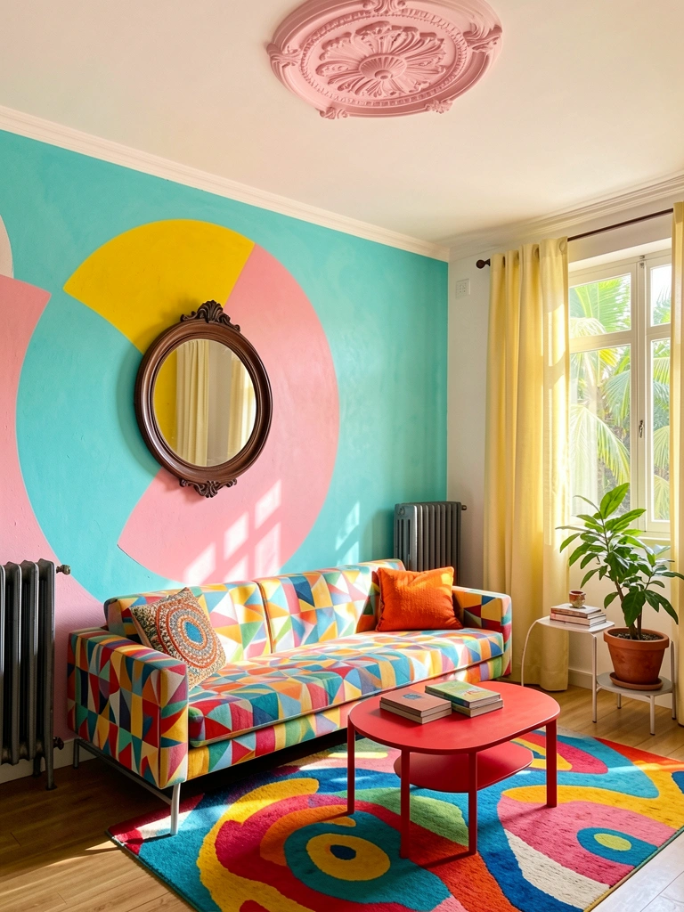 Mural circular turquesa e rosa com moldura redonda vintage, sofá geométrico colorido, mesa de centro vermelha e tapete abstrato sob luz natural.