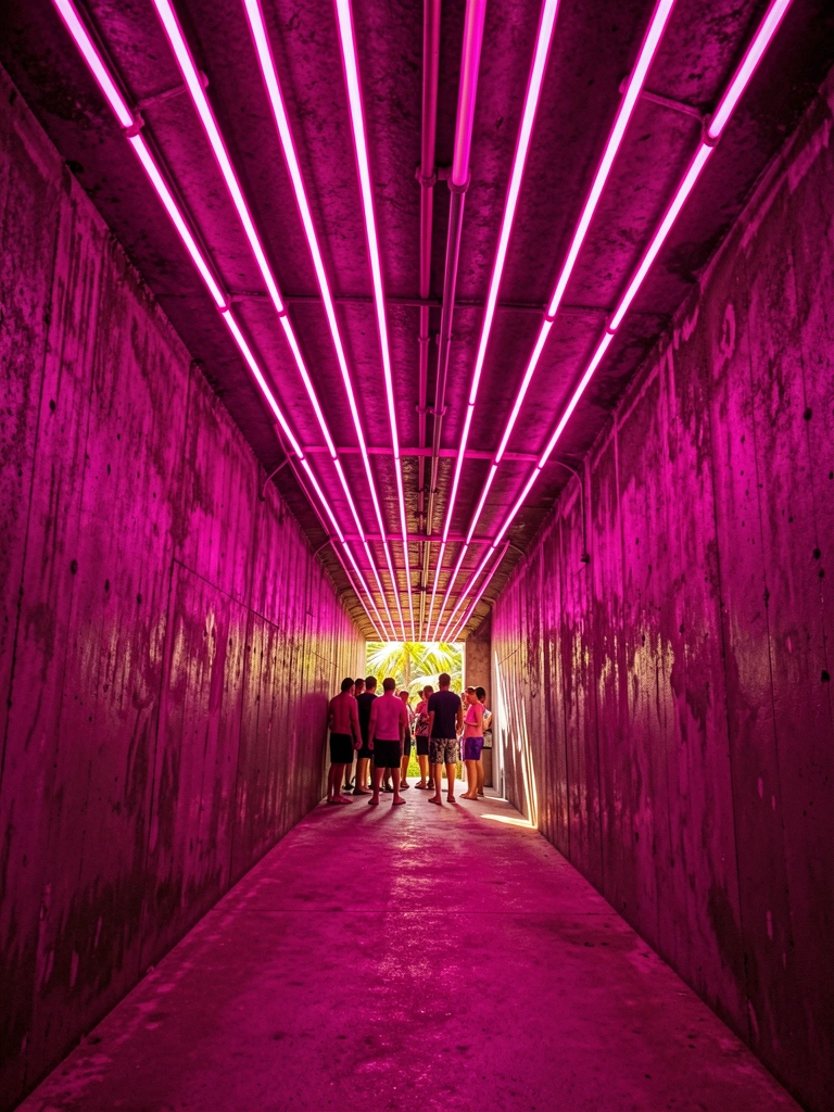 Túnel de concreto escuro com tubos de neon rosa e magenta, pessoas ao fundo e luz solar entrando pela entrada.