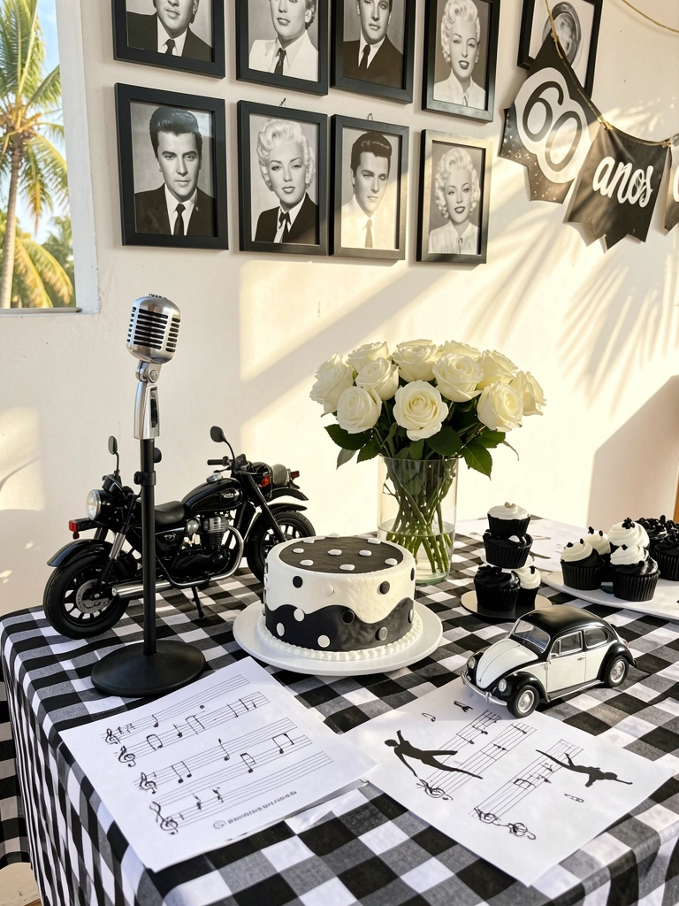 Bolo branco com glacê preto e bolinhas, ao lado de uma moto preta pequena e buquê de rosas brancas sobre toalha xadrez preta e branca.