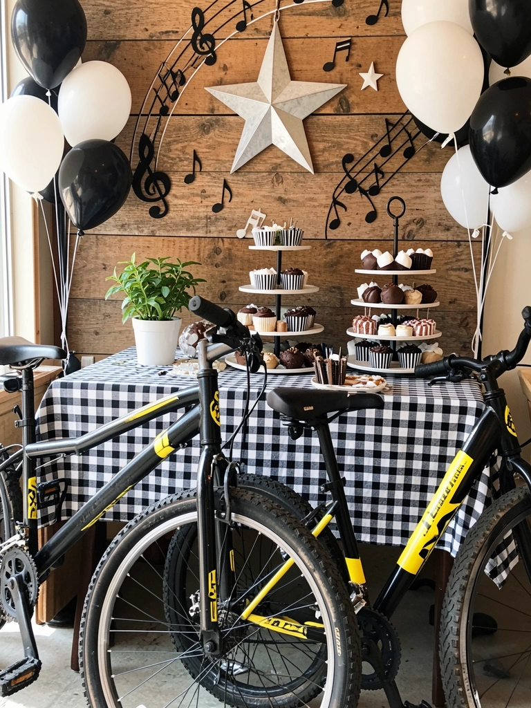 Toalha xadrez preto e branco, cupcakes listrados e balões pretos e brancos sobre mesa, luz natural do dia.