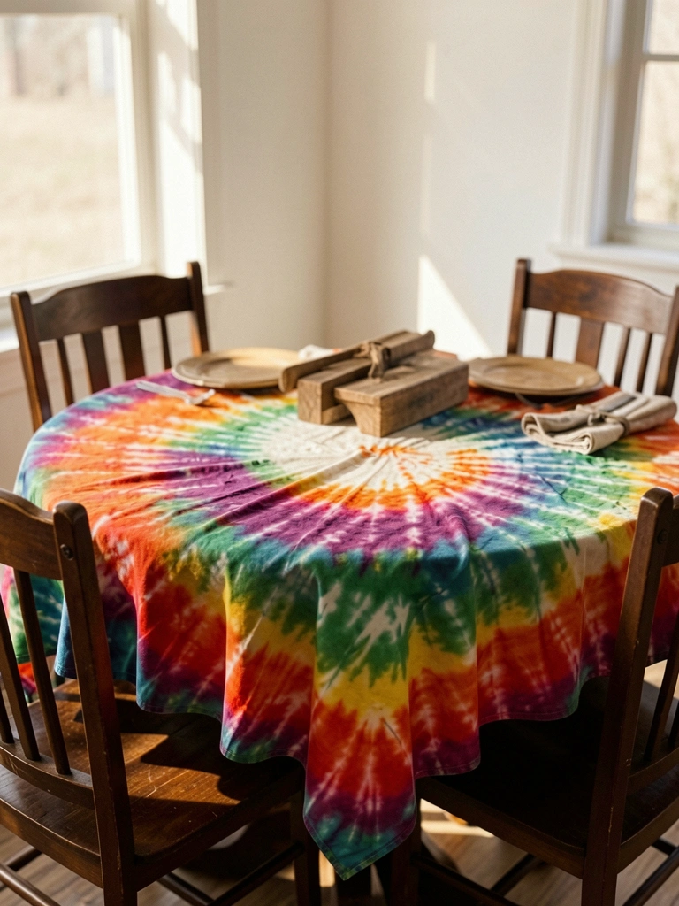 Toalha de mesa tie-dye com espiral arco-íris sobre mesa redonda de madeira, cadeiras escuras ao redor e luz natural entrando pela janela.
