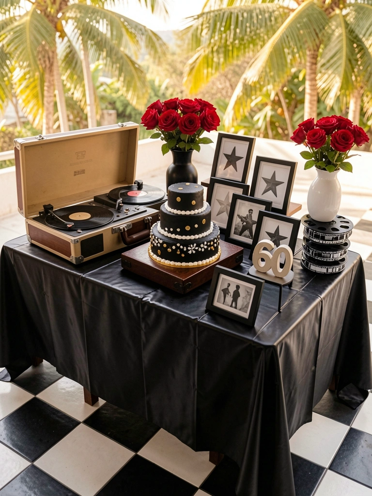 Mesa com toalha preta brilhante, bolo de aniversário preto e dourado, rosas vermelhas em vasos pretos e toca-discos vintage sob luz natural.