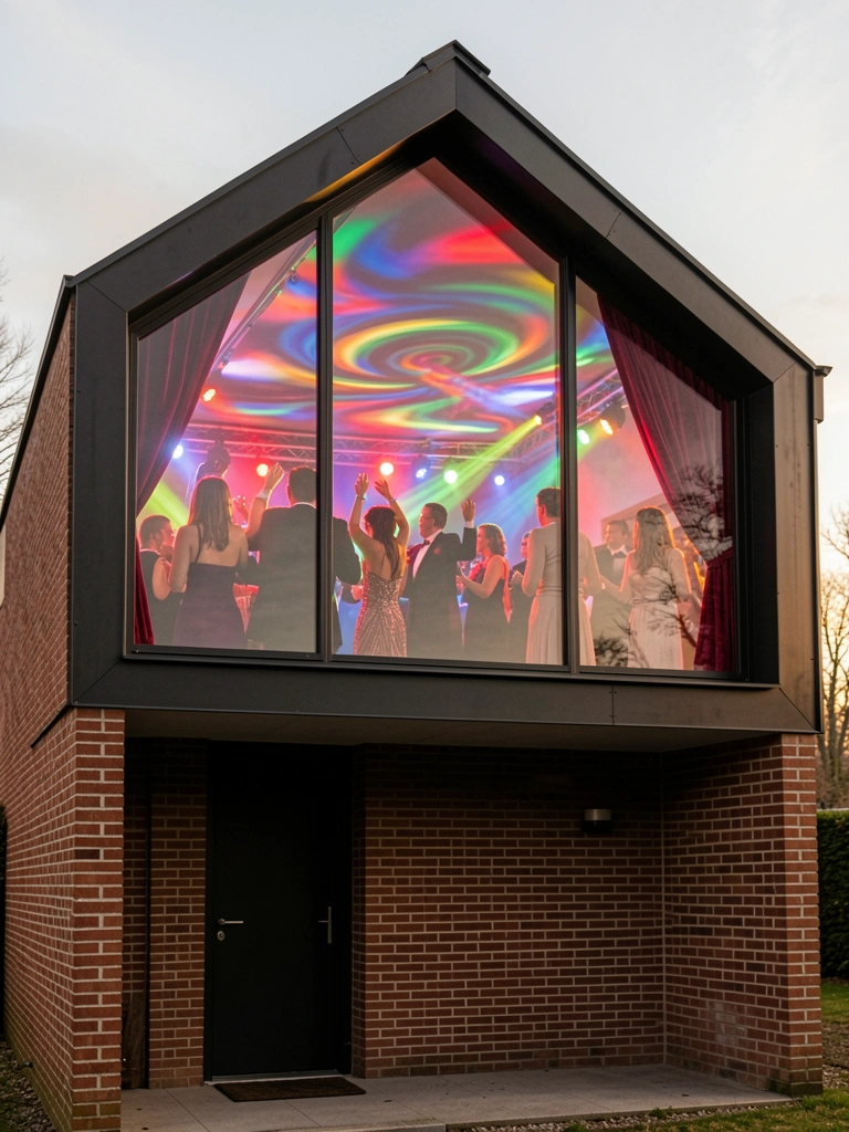 Fachada de tijolos com janelão panorâmico revelando festa com luzes coloridas e cortina vermelha ao fundo.