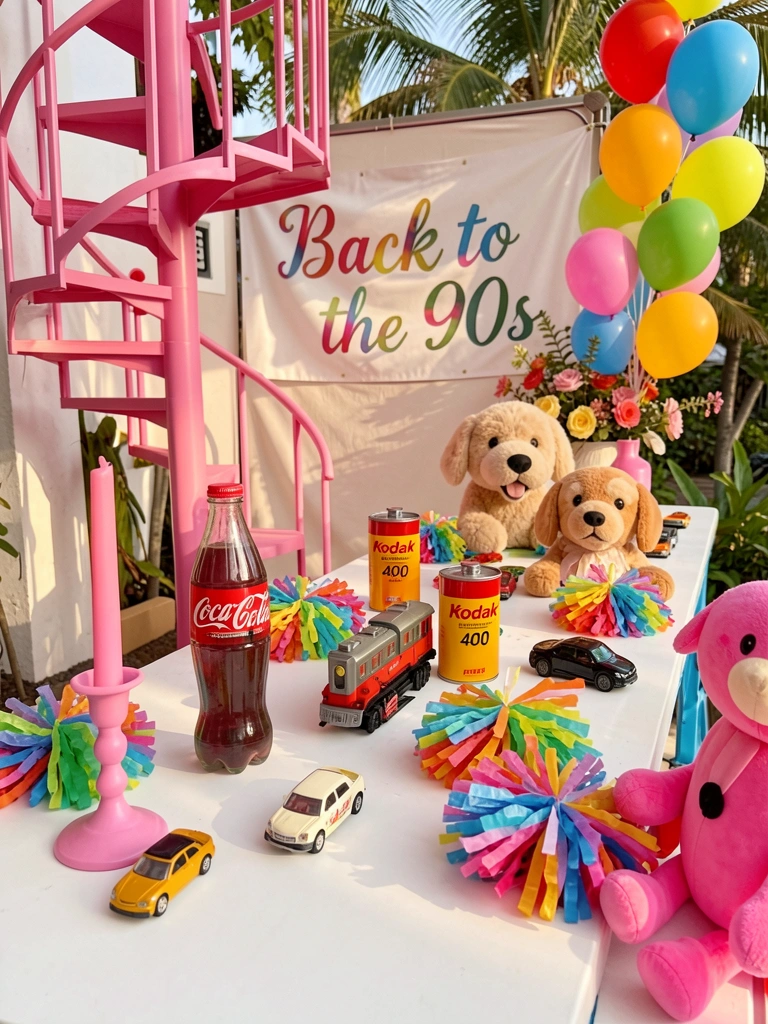 Mesa branca com miniatura de trem, garrafa de Coca-Cola e balões coloridos, luz natural e fundo com faixa 