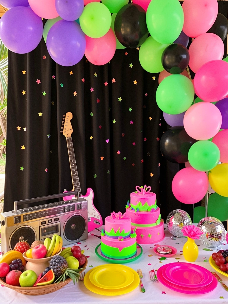 Vintage boombox, pink electric guitar, and neon-accented cake on a table with tropical fruit and disco ball, warm lighting, balloon backdrop.