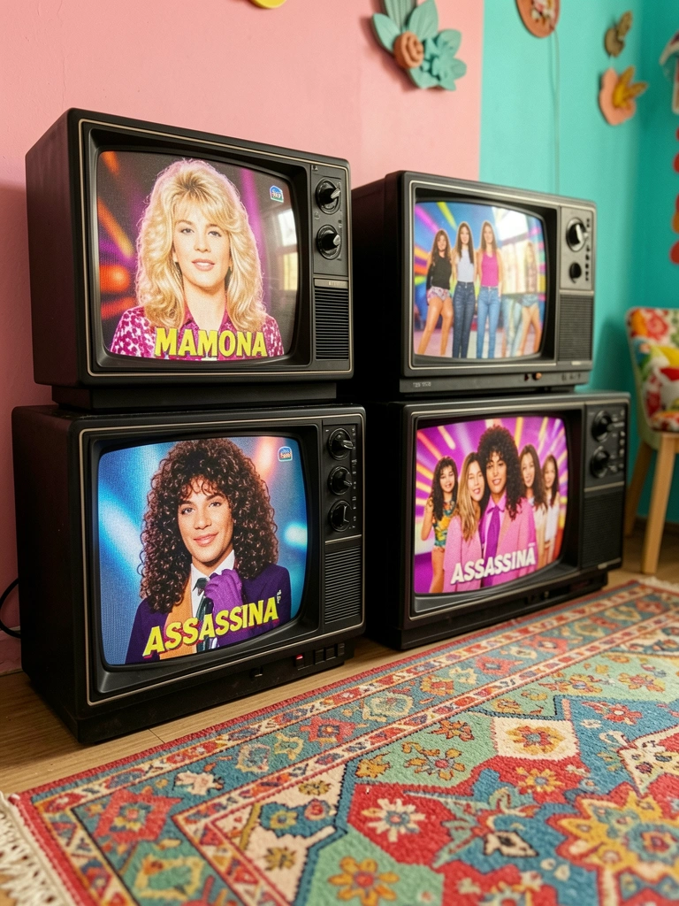 Televisões vintage pretas empilhadas exibindo cantoras dos anos 90, parede rosa e turquesa com tapete colorido, luz natural difusa.