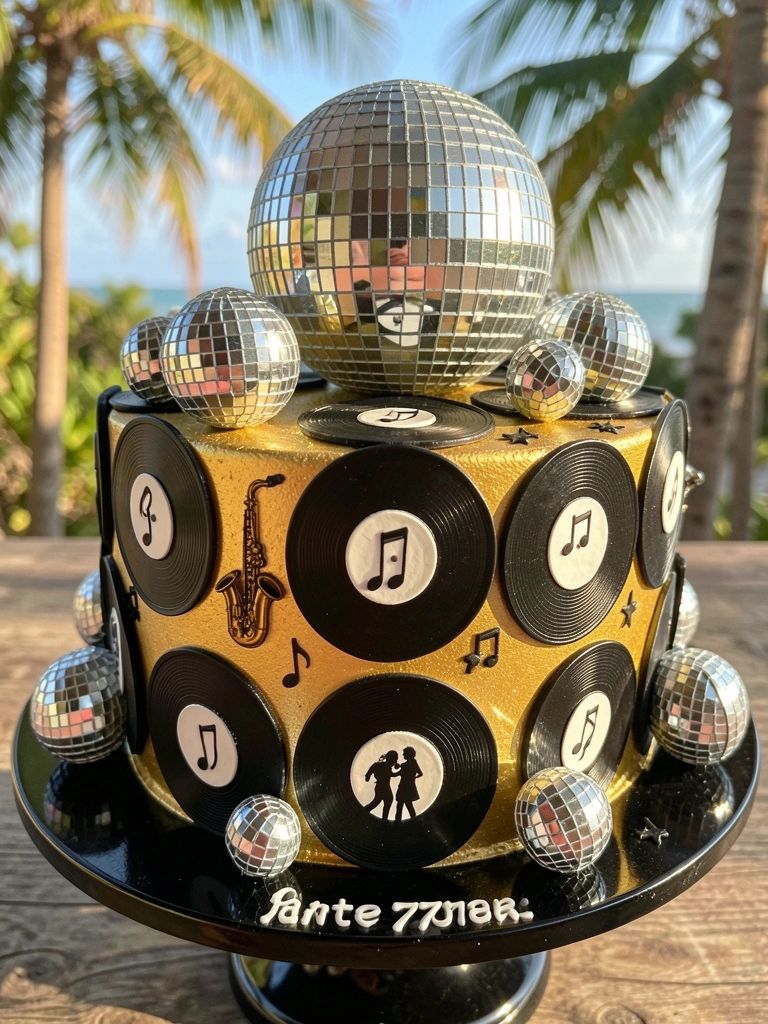Bolo dourado decorado com discos de vinil preto e branco, notas musicais, estrelas e saxofone, com bolas de discoteca brilhantes sobre suporte preto com silhueta de casal dançando, luz natural tropical.