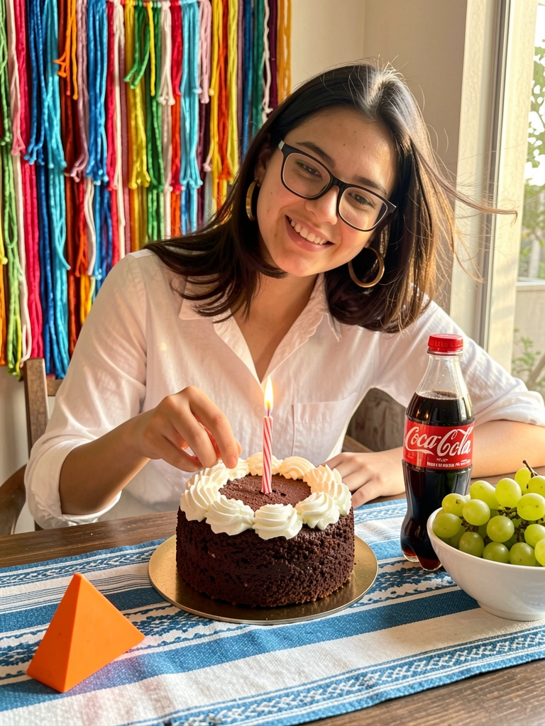 Jovem com óculos segura vela de aniversário sobre bolo de chocolate com cobertura branca, Coca-Cola, uvas verdes e decoração colorida de franjas ao fundo, luz natural do dia.