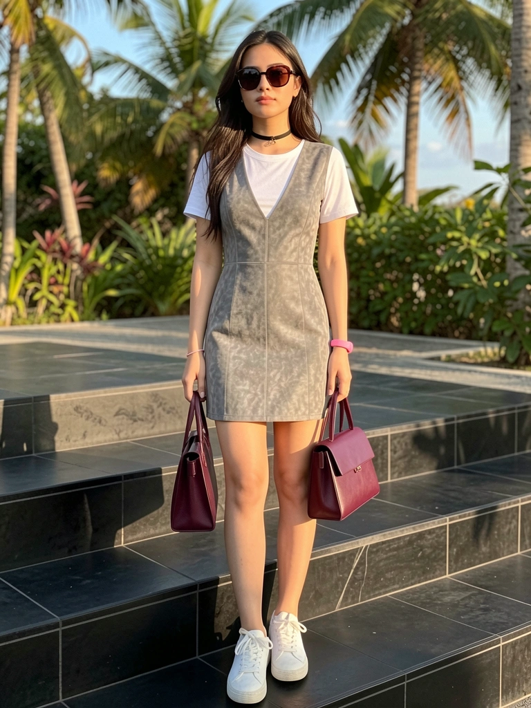 Mulher em vestido cinza camurça V decote, tênis branco e bolsa vinho sobre degrau preto, luz natural.