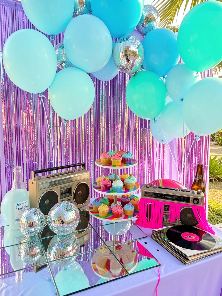 Balões azul-petróleo, discoteca prateada e um boombox com franja neon rosa sobre mesa festiva, com cortinas de franja iridescente ao fundo e luz natural.