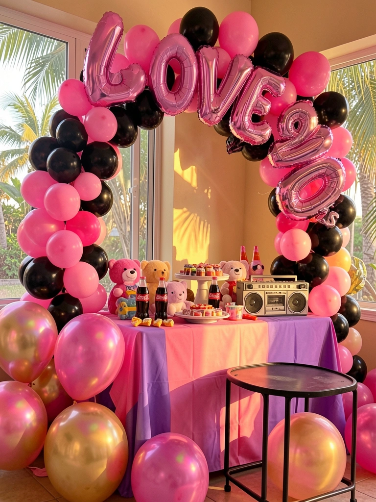 Mesa de festa temática anos 90 com garrafas de Coca-Cola, bichos de pelúcia e um boombox retrô, sob arco de balões rosa e preto com as palavras 