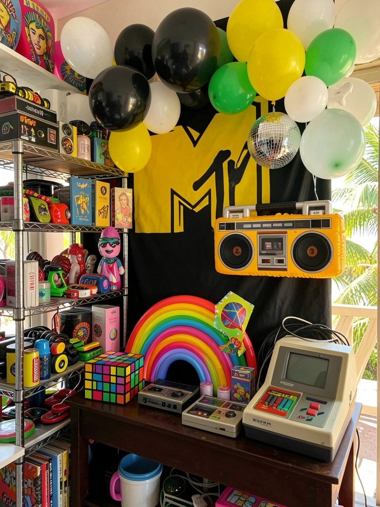 Prateleiras lotadas de itens retrô, parede com fundo amarelo e preto estilo MTV, balões coloridos e um disco de luz, luz natural quente.