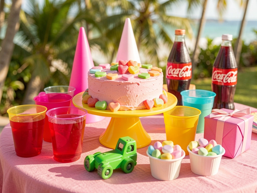 Mesa com toalha rosa e centro de mesa com bolo de glacê rosa, copos plásticos coloridos e doces pastéis, luz natural do dia.