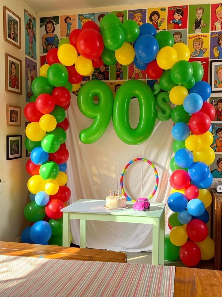 Arco de balões coloridos em verde, vermelho, amarelo e azul com a frase 