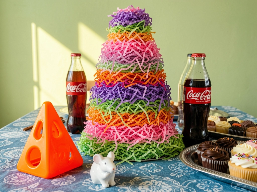 Mesa festiva com centro de mesa de papel colorido em camadas, garrafa de Coca-Cola, chocolates e cupcakes em bandeja prateada, luz natural e parede verde clara.