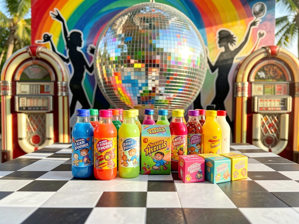 Bolinhas de disco com reflexos de arco-íris sobre mesa xadrez preta e branca, potes de doces coloridos e jukeboxes ao fundo.