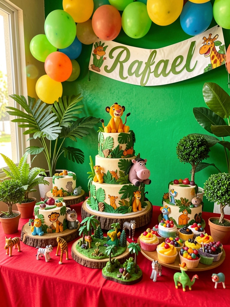Bolo de três andares com Simba, Pumba e Zazu de pelúcia, cercado por cupcakes e frutas, mesa de madeira com toalha vermelha e parede verde com balões e letreiro 