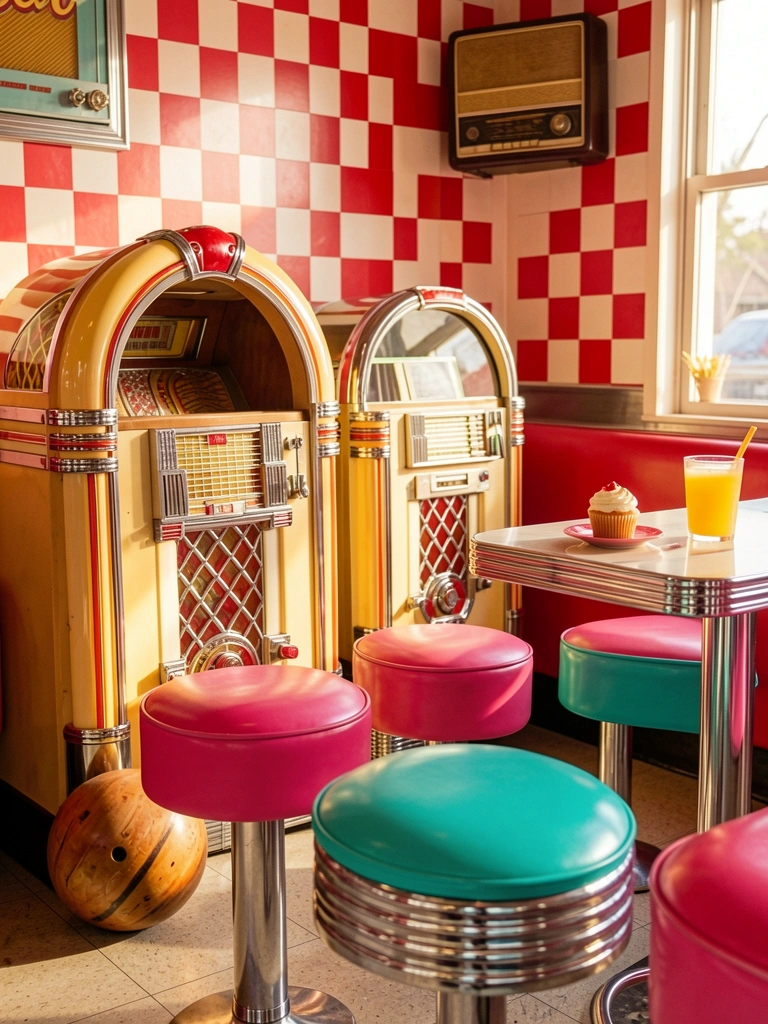 Jukebox cromado com bolas de boliche, banquetas rosa e turquesa, cupcake e suco de laranja sob luz natural.