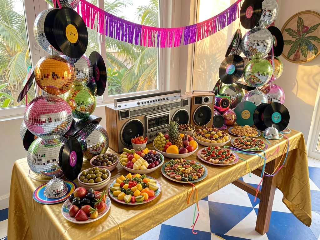 Mesa com toalha dourada, bolas de discoteca e discos de vinil coloridos, bandejas de frutas e petiscos, luz natural tropical.