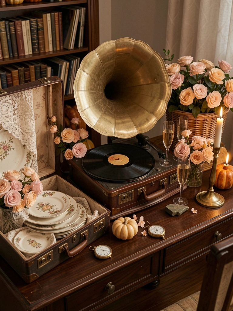 Vitrola vintage sobre mesa escura com discos, taças e arranjo de rosas blush, mala de viagem aberta com louça antiga, luz de velas.