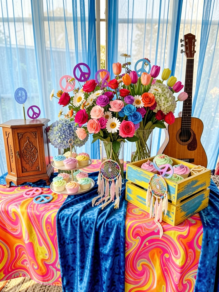 Mesa comprida com toalha psicodélica rosa e laranja, arranjos florais coloridos, sinais de paz e violão de madeira encostado, luz natural e cortinas azuis ao fundo.