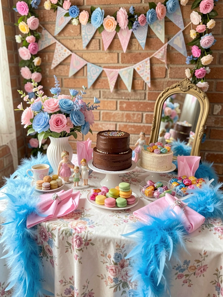 Mesa com bolo de chocolate, macarons coloridos, buquê de flores e estola de plumas azul, luz suave e parede de tijolos com bandeirolas.
