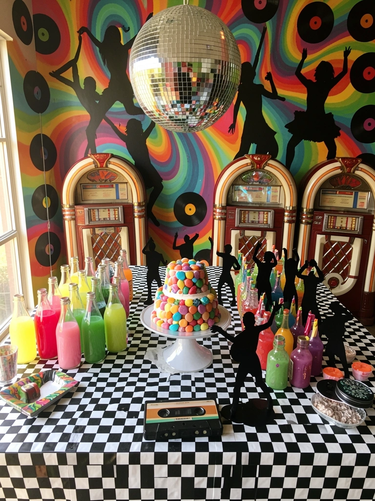 Mesa com toalha xadrez preto e branco, bolo decorado com doces coloridos e garrafas de bebida, disco de luz pendurado e murais psicodélicos ao fundo.