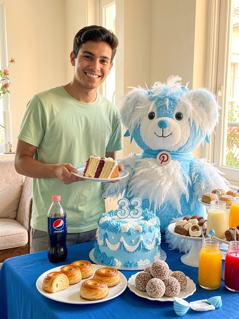 Jovem com camiseta verde segurando prato com fatias de bolo azul decorado com penas brancas e topper 