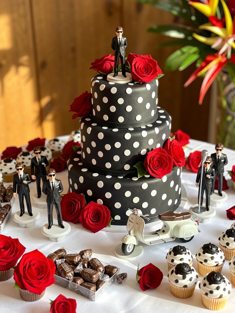 Bolo de três andares com bolinhas pretas e brancas, rosas vermelhas e miniaturas dos Beatles sobre toalha branca, luz natural suave.