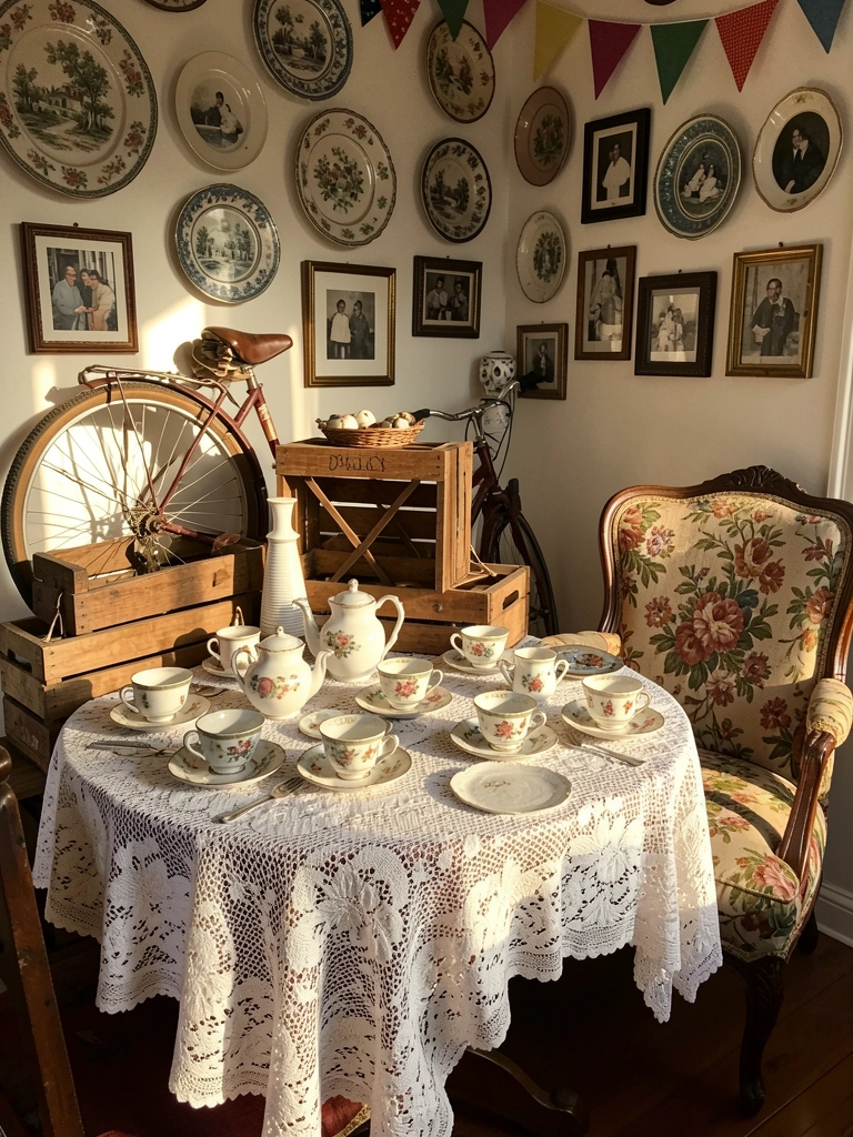 Mesa posta com toalha de renda, xícaras de chá antigas, parede decorada com quadros e objetos, luz dourada do fim de tarde.