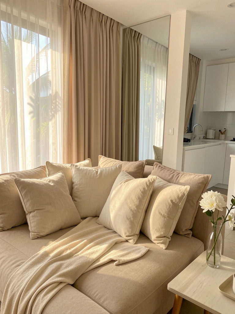 Luz natural incide sobre sofá-cama bege com almofadas creme, vaso de vidro com flores brancas ao lado, cortinas claras e cozinha branca ao fundo.