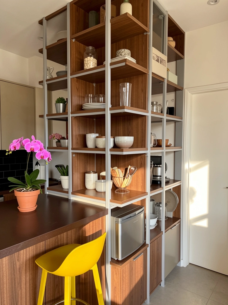 Estante modular de madeira e metal cinza com nichos e geladeira pequena, em cozinha com balcão escuro e banco amarelo.