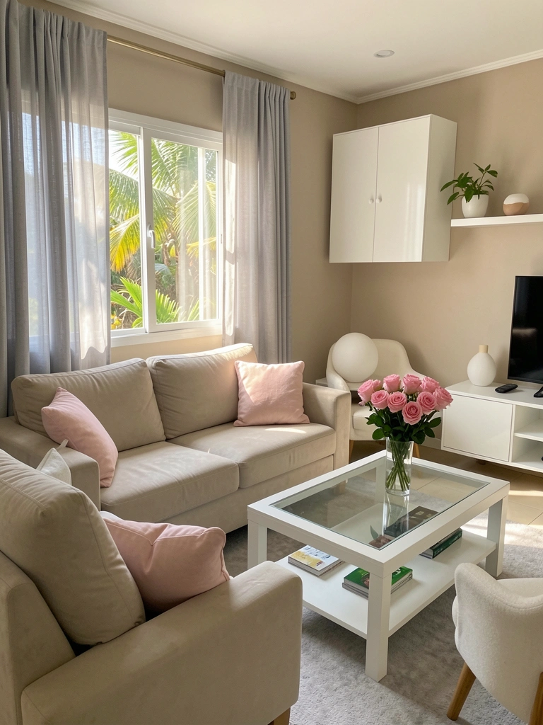 Sofá bege claro com almofada rosa choque, mesa de vidro com vaso de rosas e luz natural filtrada por cortina cinza.