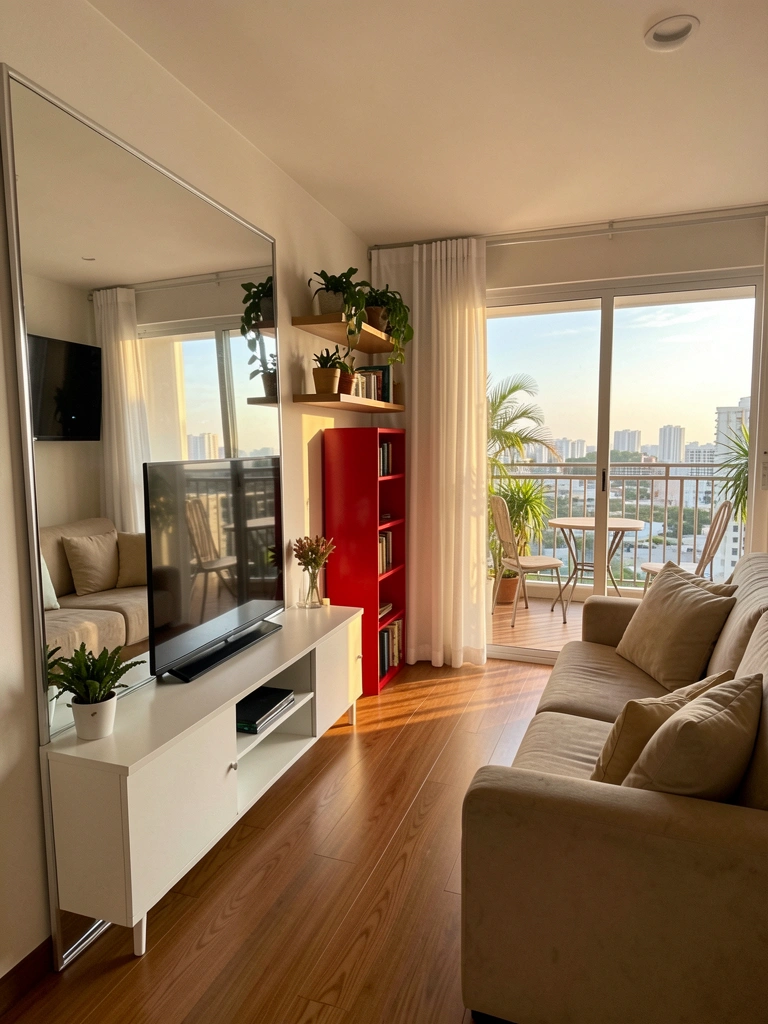 Sofá bege com almofadas, console branco com TV, estante vermelha e prateleira com vasos refletidos no espelho com vista da cidade.