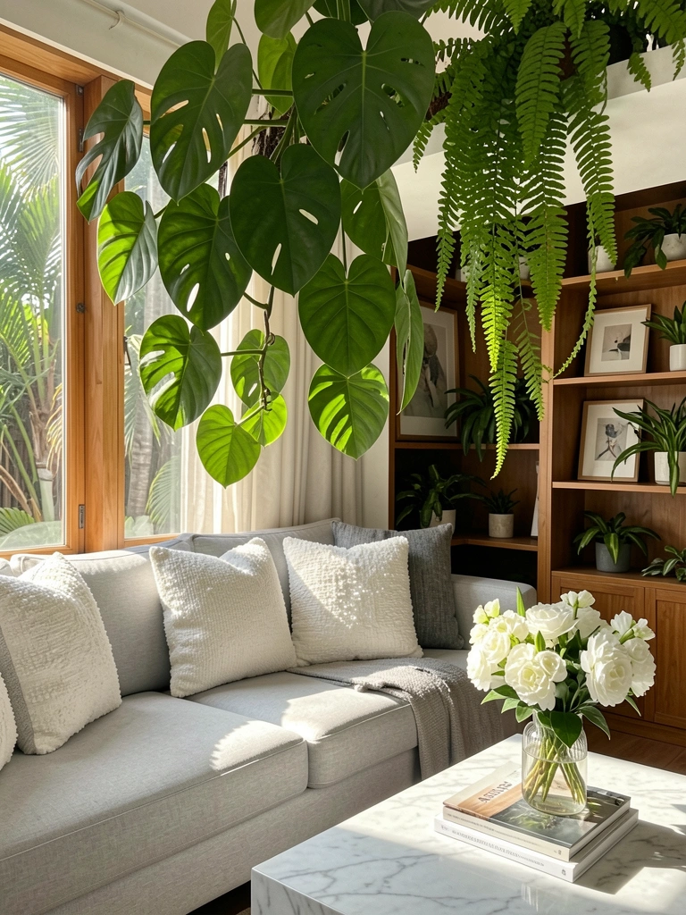 Luz solar incide sobre vaso de flores brancas e livros empilhados em mesa de mármore, com sofá cinza claro e plantas pendentes na estante ao fundo.