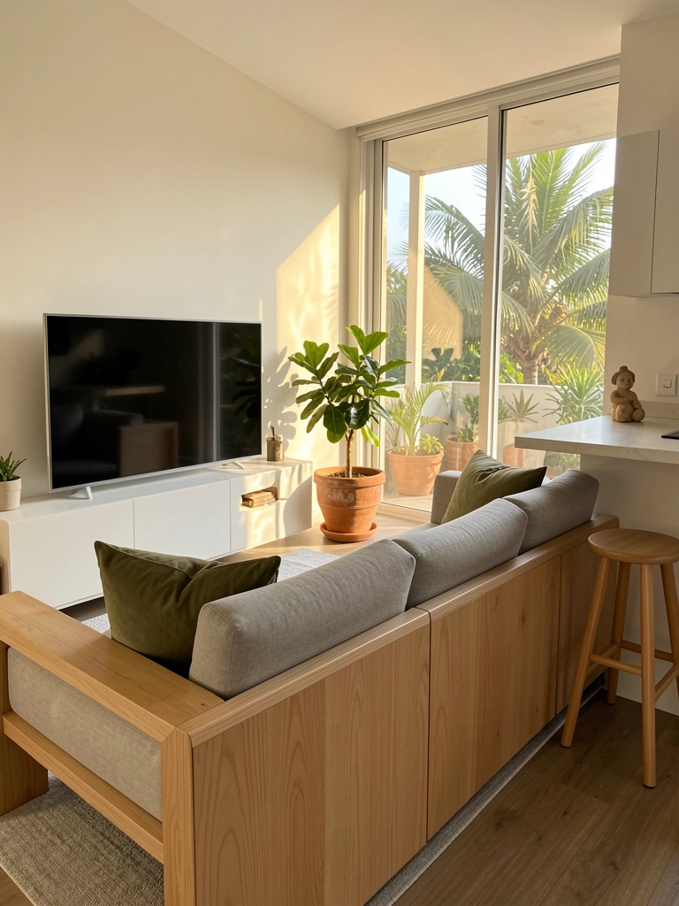 Sofá modular de madeira clara com almofada cinza, vaso de terracota com planta verde e TV branca sob luz natural de janela ampla.