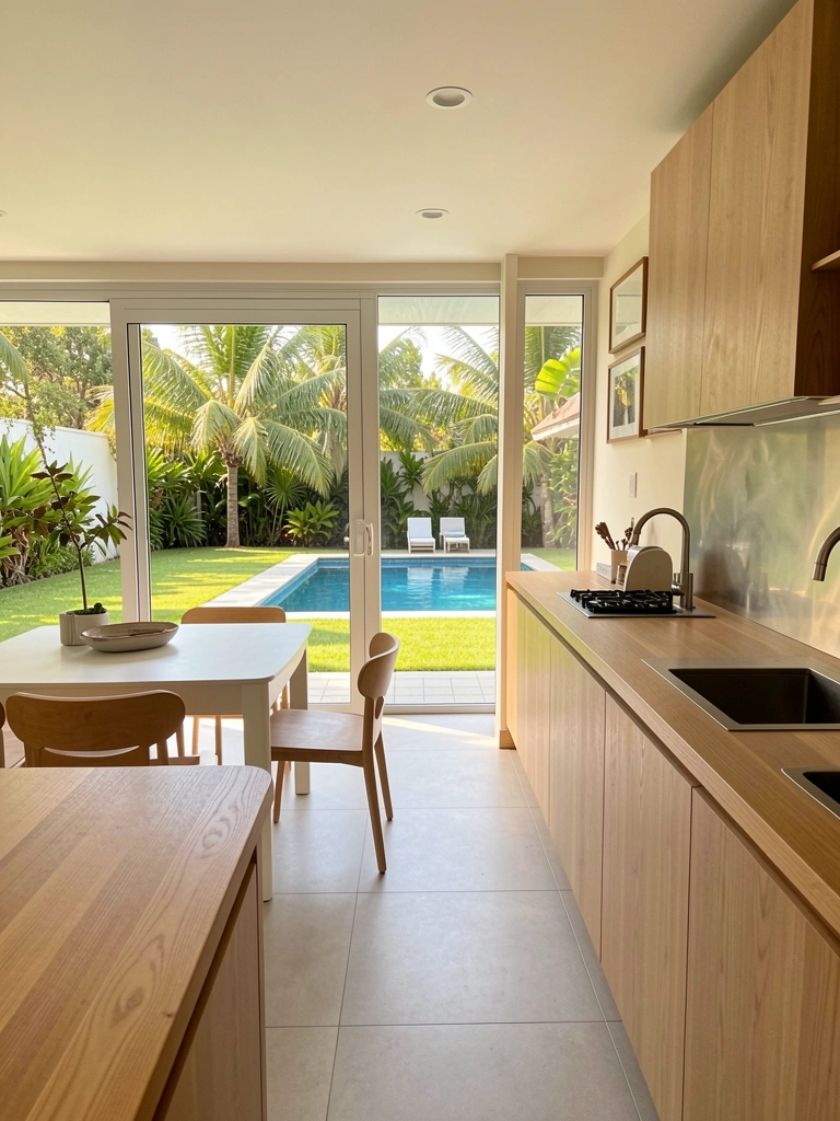 Bancada de cozinha externa em madeira clara com backsplash de aço inoxidável, mesa de jantar branca e cadeiras marrons, piscina ao fundo sob luz natural.