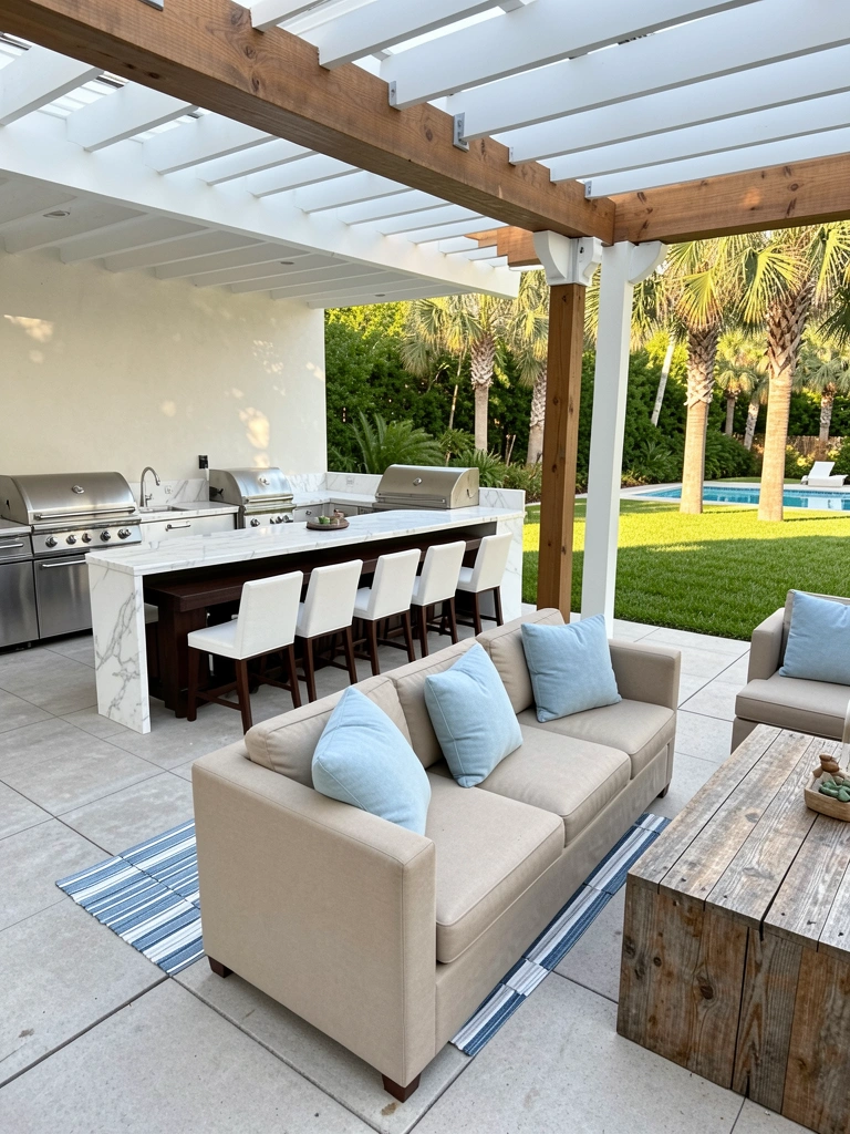 Mármore branco, aço inoxidável e madeira escura compõem cozinha externa com churrasqueira embutida sob pérgola, grama e piscina ao fundo.