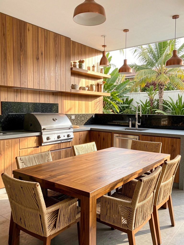 Mesa de madeira com cadeiras de vime em cozinha externa, bancada de aço inox e granito preto, luz natural e piscina ao fundo.