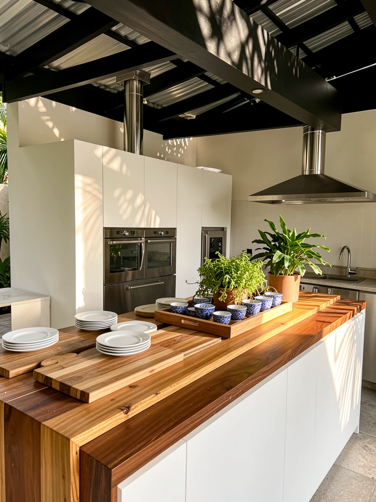 Bancada de cozinha externa com tampo de madeira, utensílios brancos e plantas verdes sob luz natural.