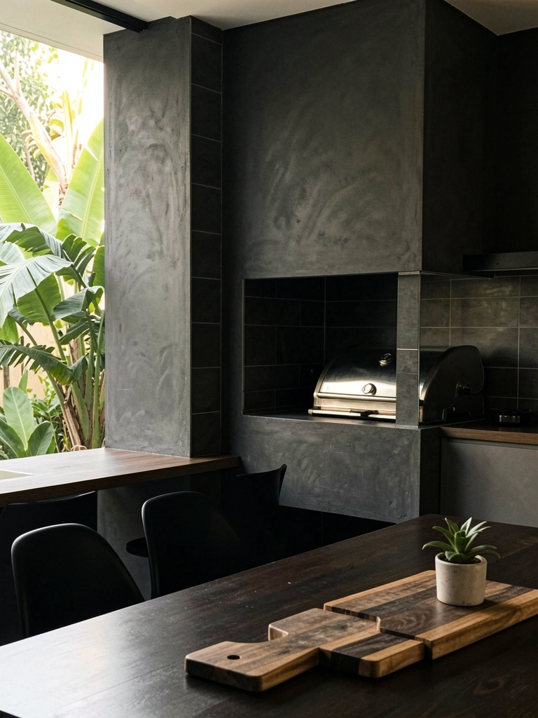 Luz natural incide sobre bancada de madeira escura e grill embutido em bloco de concreto preto, com azulejos cinza-escuros e plantas tropicais ao fundo.