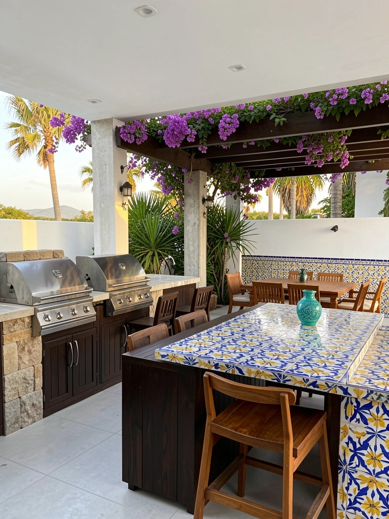 Pergolado com flores roxas sobre mesa de madeira e cadeiras, cozinha externa com bancada de azulejos floridos e churrasqueira de pedra.