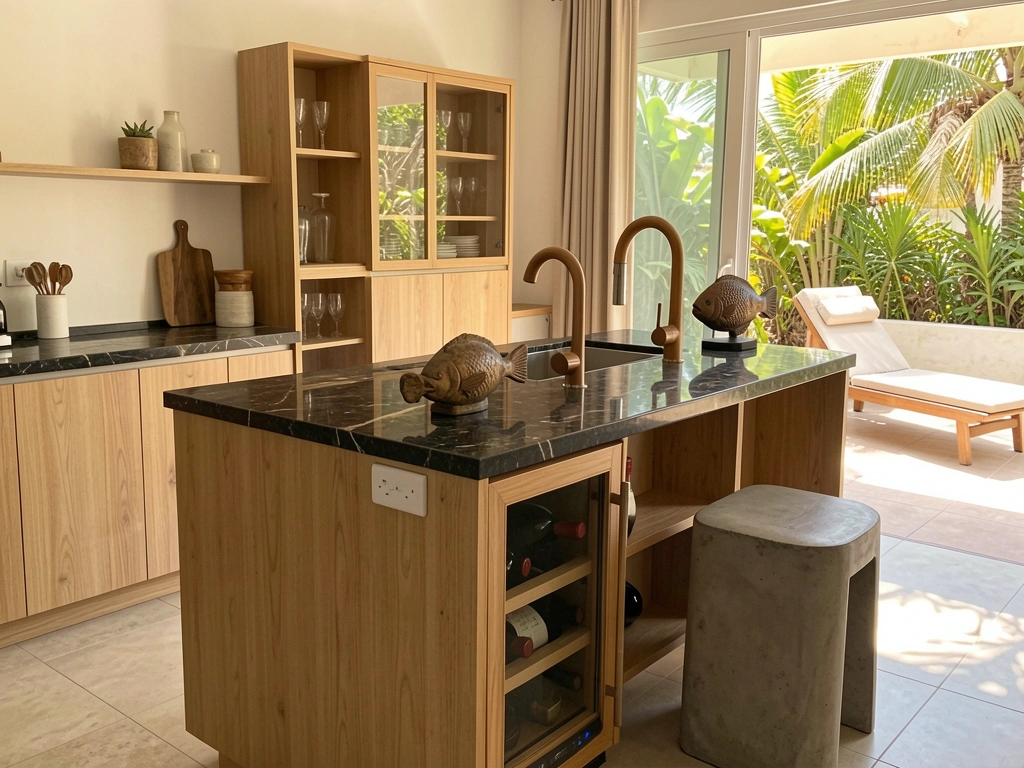 Marble kitchen island with stainless steel sink, wooden faucet, and wine cooler, concrete stool beside light wood cabinet with open shelving, natural daylight from window.