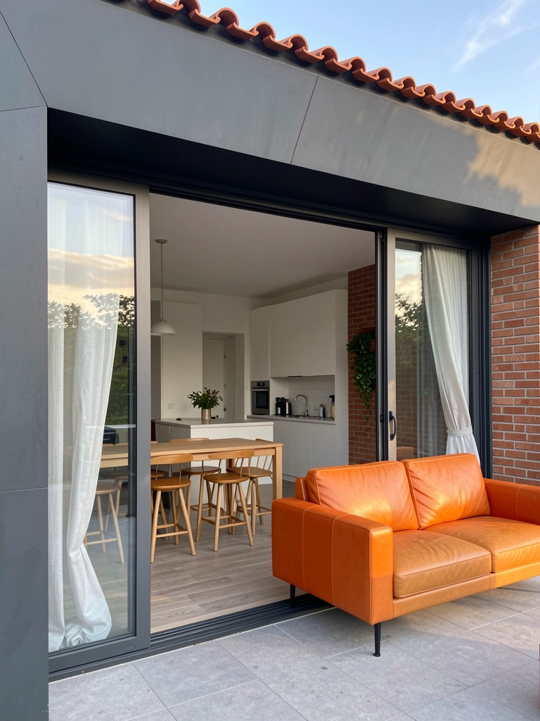 Parede de tijolos com pequeno vaso decorativo ao lado de sofá laranja, mesa de madeira clara e cortinas ao vento, luz natural entrando pelas portas de vidro.