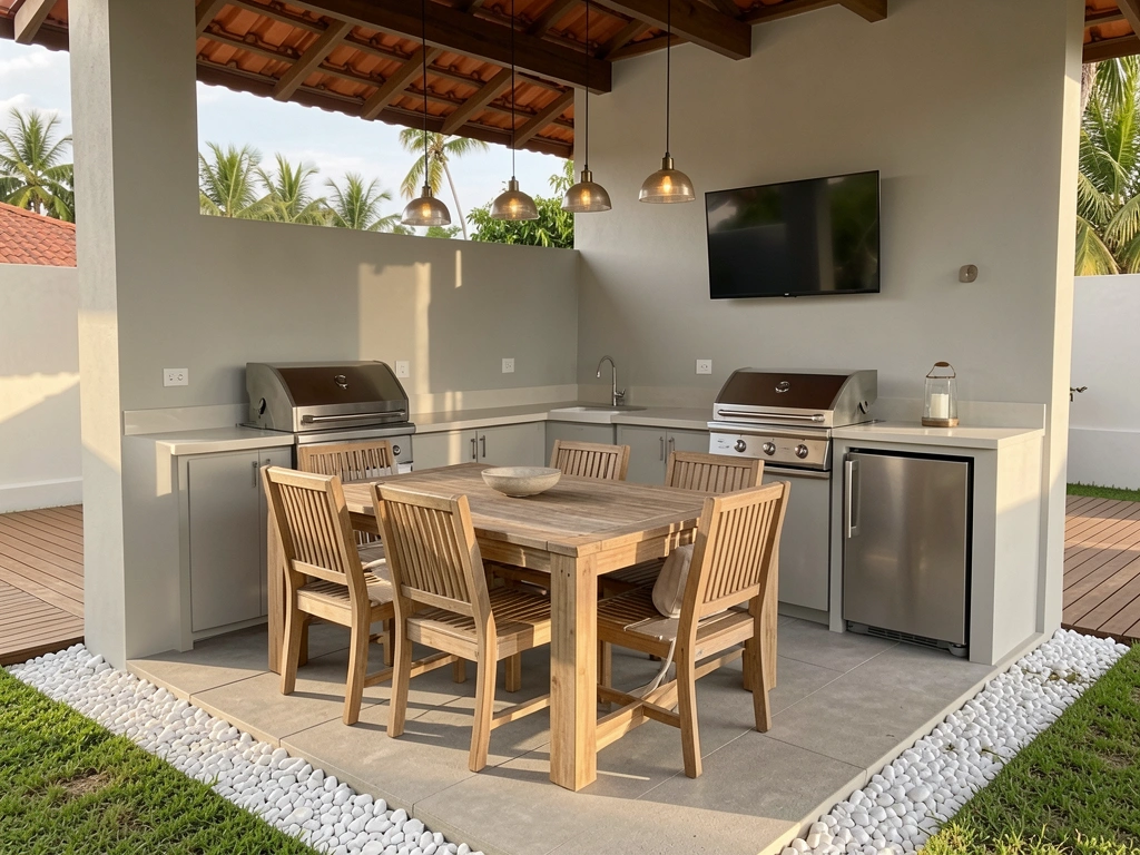 Luz natural incide sobre cozinha externa com mesa rústica de madeira e cadeiras, churrasqueira de aço inoxidável e TV na parede cinza claro.