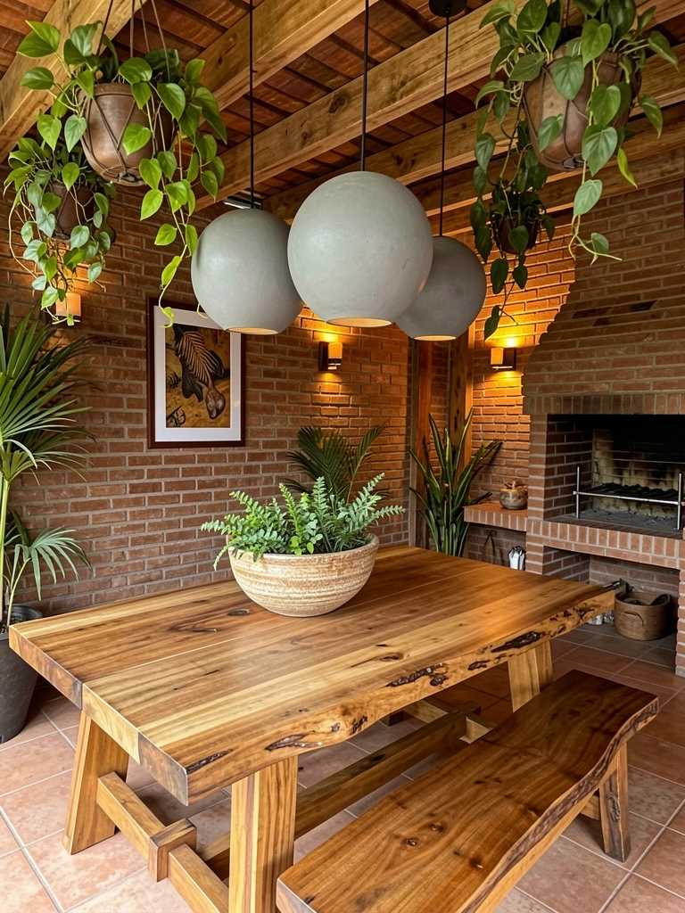 Mesa de madeira rústica com vaso de cerâmica texturizado e folhagens, três luminárias pendentes cinzas e lareira de tijolos à vista.