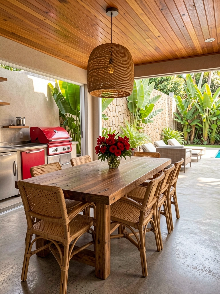 Mesa rústica de madeira com cadeira de vime sob cúpula de rattan, cozinha externa com churrasqueira vermelha e plantas tropicais ao fundo.
