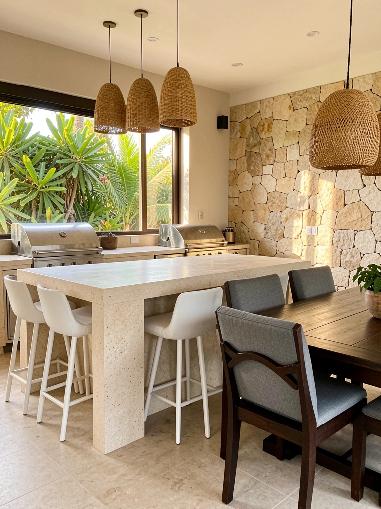 Bancada de pedra clara com churrasqueira embutida e banco alto branco, mesa de madeira escura com cadeiras cinzas, janela com vegetação exuberante ao fundo, luz natural e luminárias de palha pendentes.