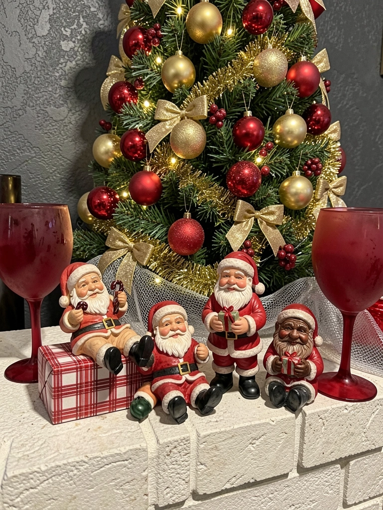 Árvore de Natal decorada com bolas vermelhas e douradas, laços e luzes quentes.