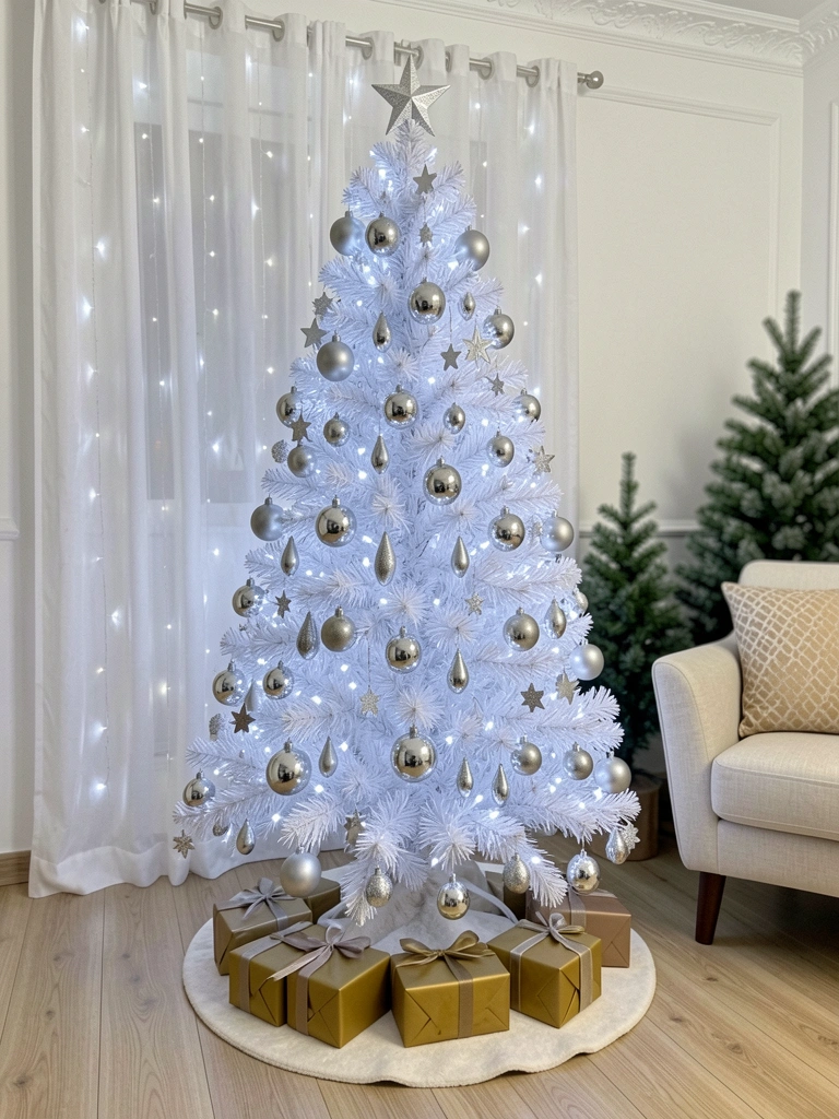 Árvore de Natal branca decorada com enfeites prateados, luzes LED frias e estrela prateada no topo.